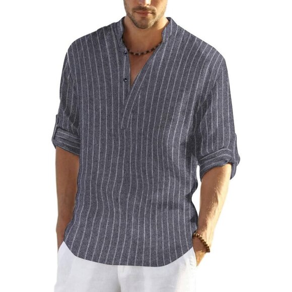 Men's Cotton Linen Henley Shirt Long Sleeve Casual Beach T Shirts Navy Striped - Picture 1 of 9